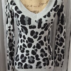 Express Animal Print V-Neck Sweater - Gray and Black